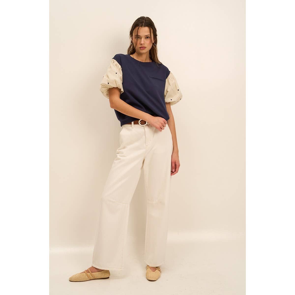 Striped Puff Sleeve Top with Heart Detail – Feminine Blouse