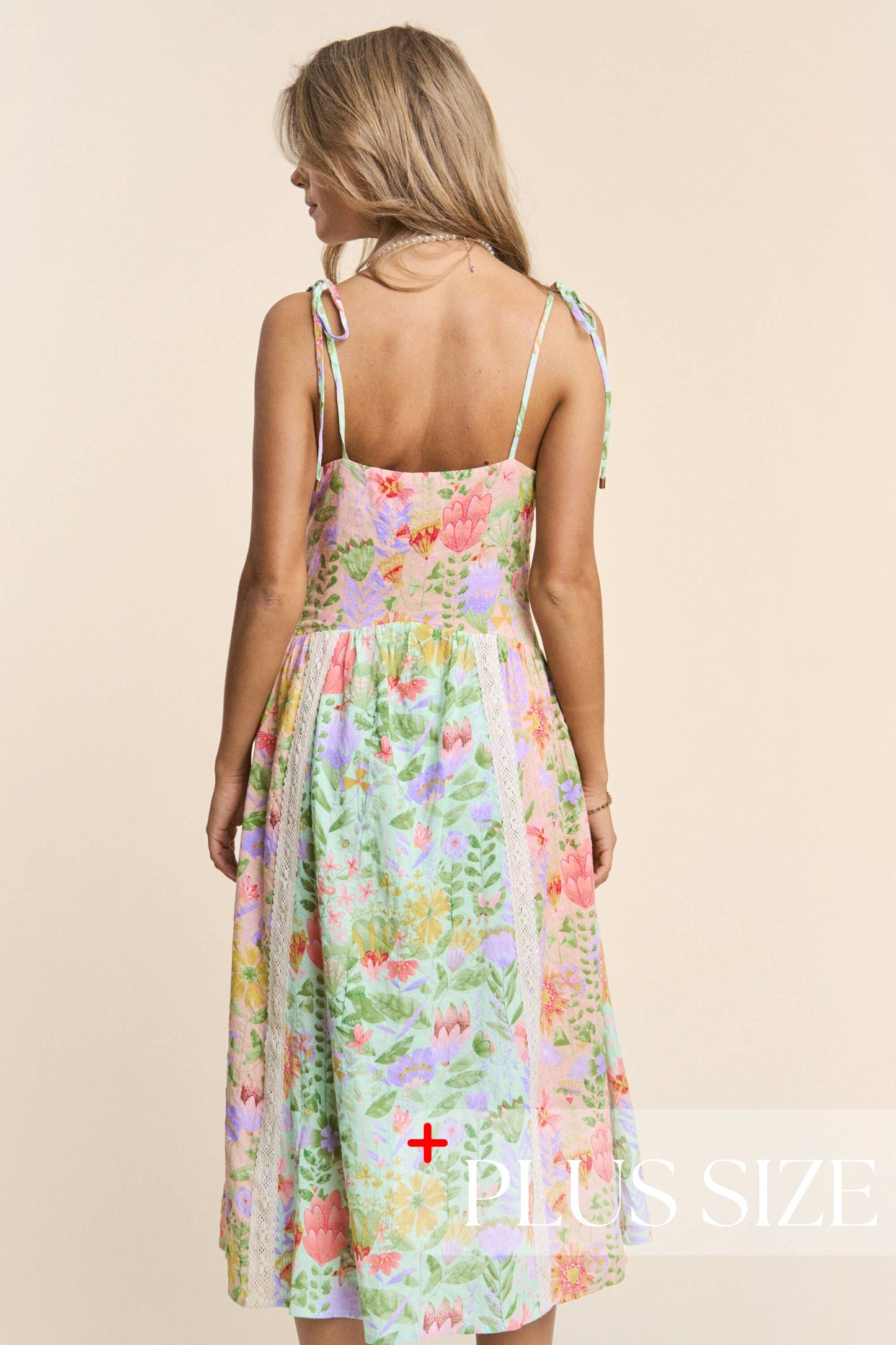 Plus Size Floral Lace Trim Tiered Midi Dress with Spaghetti Tie Straps