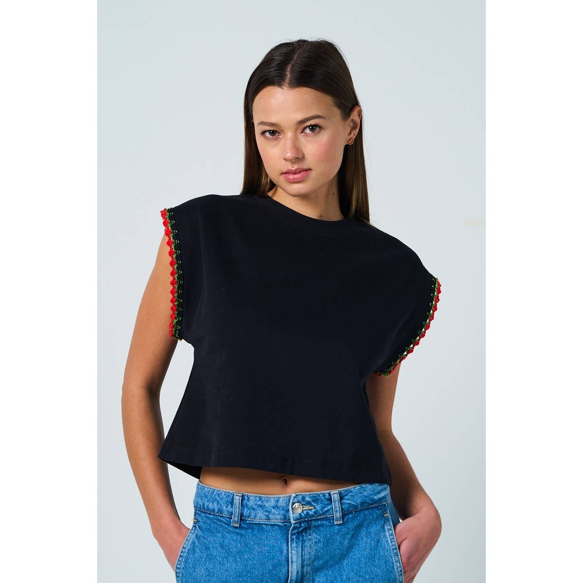 Cotton Drop Shoulder Top with Floral Sleeve Trim – Relaxed & Feminine Fit