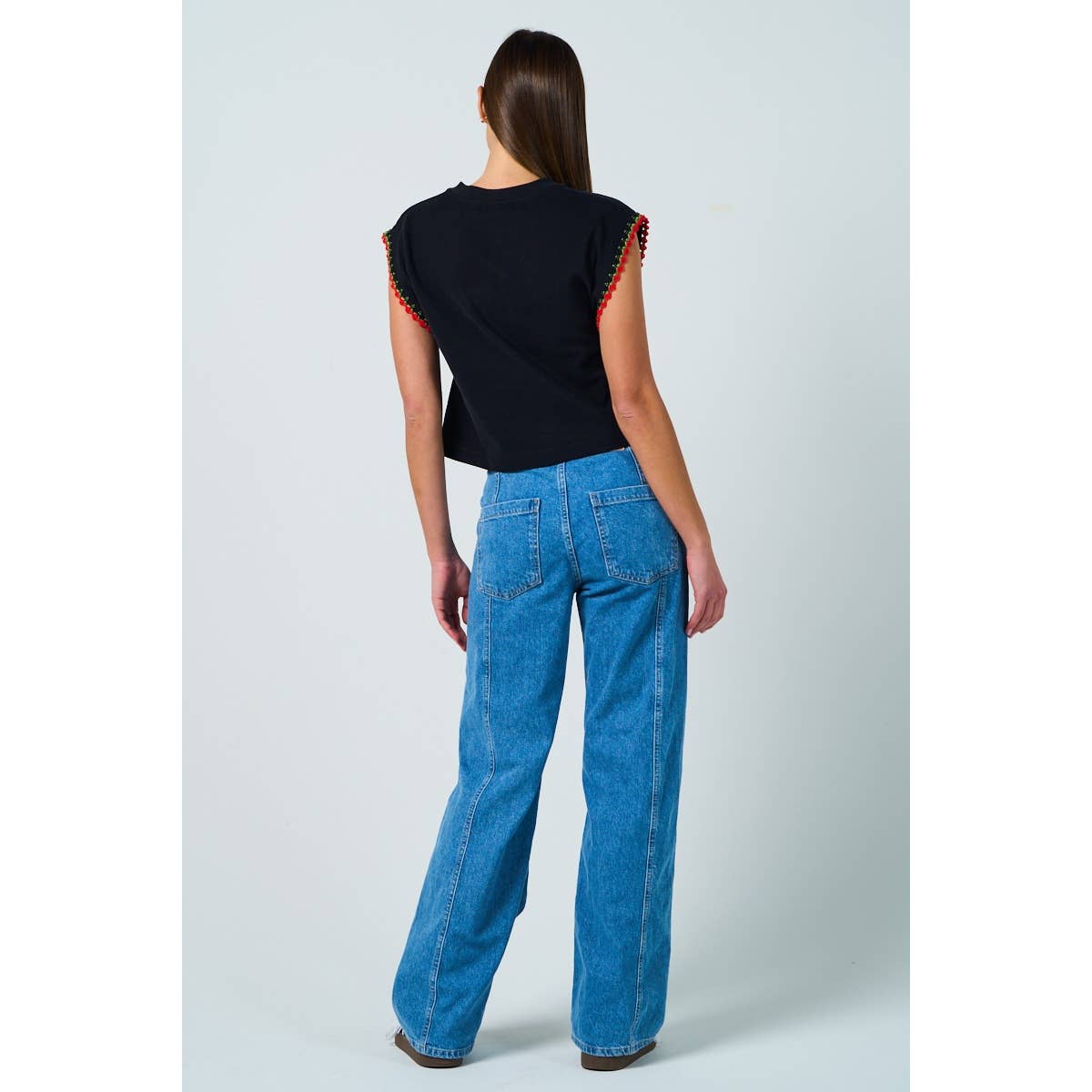 Cotton Drop Shoulder Top with Floral Sleeve Trim – Relaxed & Feminine Fit