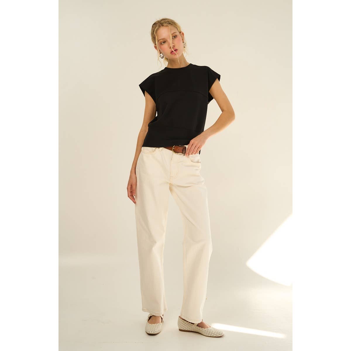 Adjustable Buckle Drop Shoulder Knit Top with Back Slit — Soft Cotton Blend