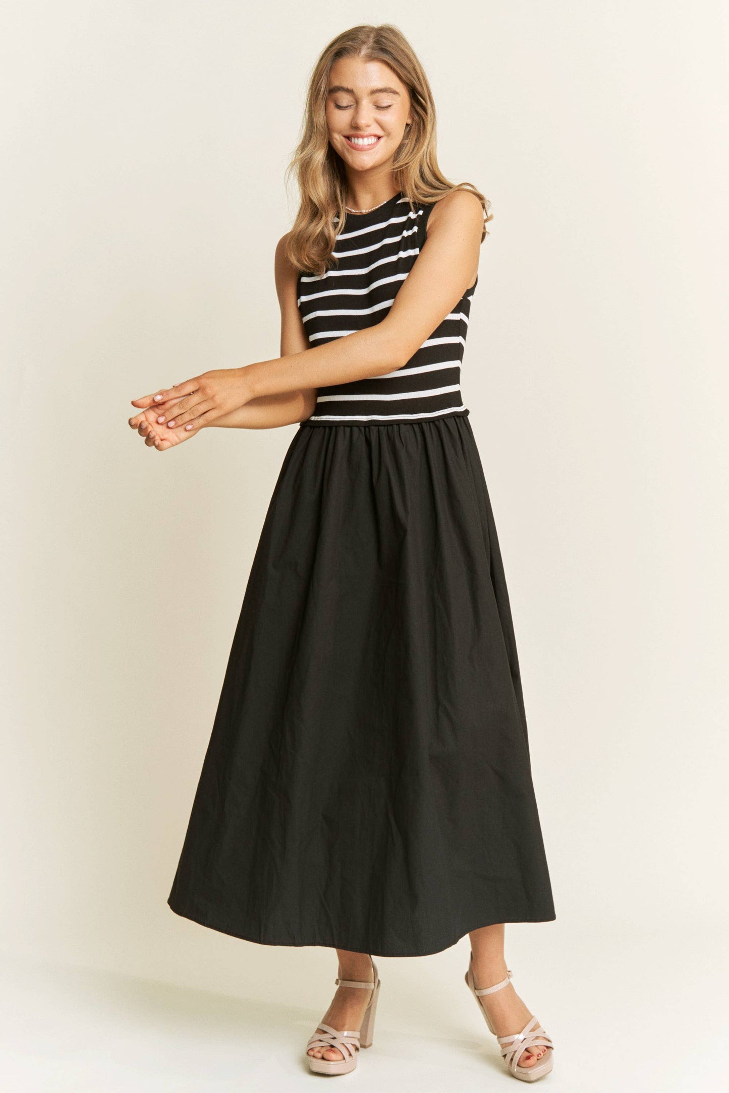 Cotton Maxi Dress with Knit Stripe Top – Sleeveless Pullover