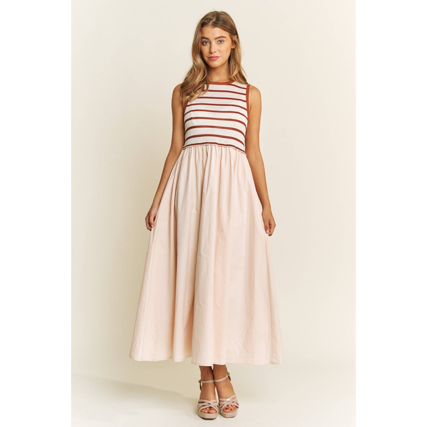 Cotton Maxi Dress with Knit Stripe Top – Sleeveless Pullover
