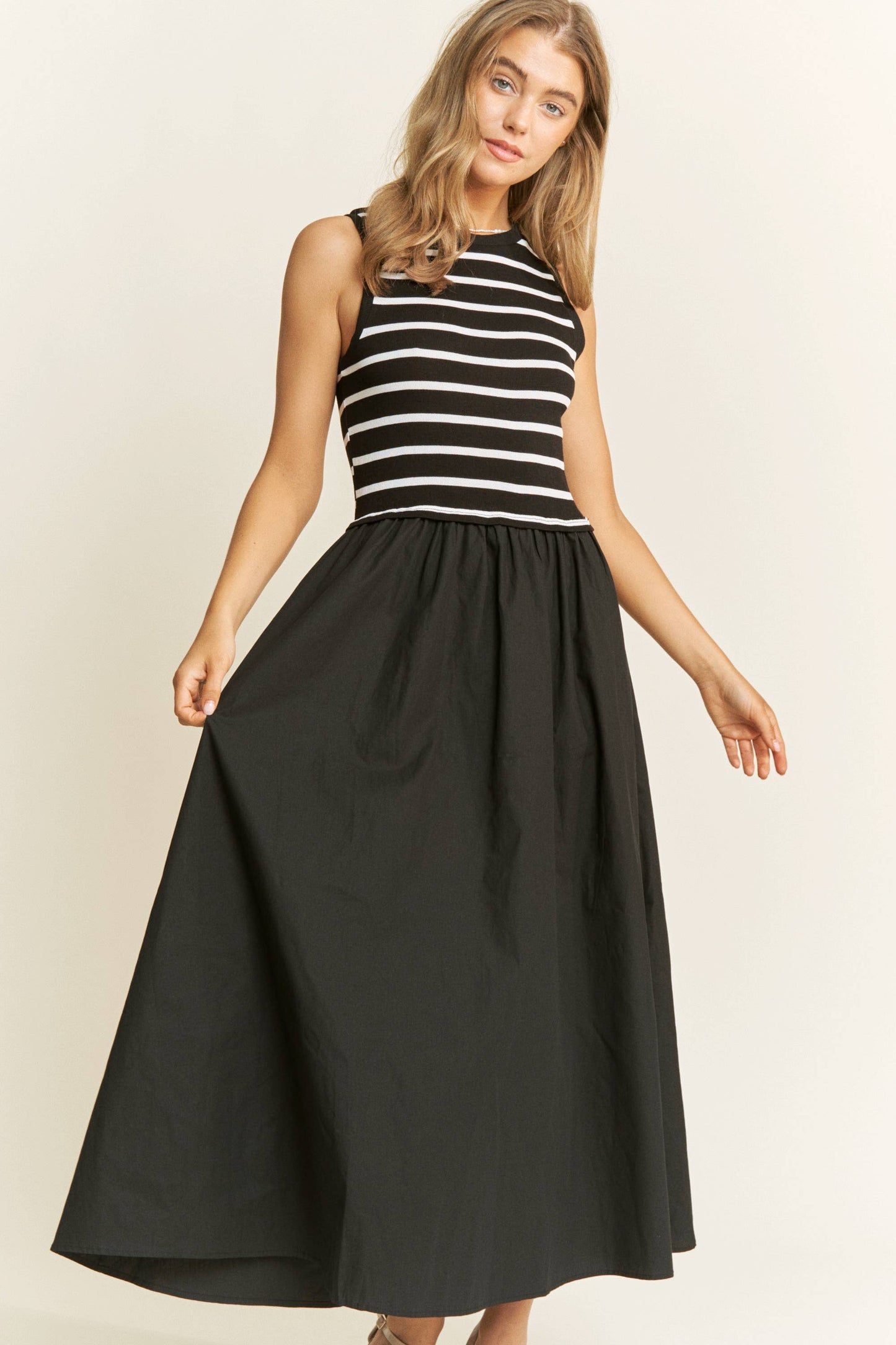 Cotton Maxi Dress with Knit Stripe Top – Sleeveless Pullover