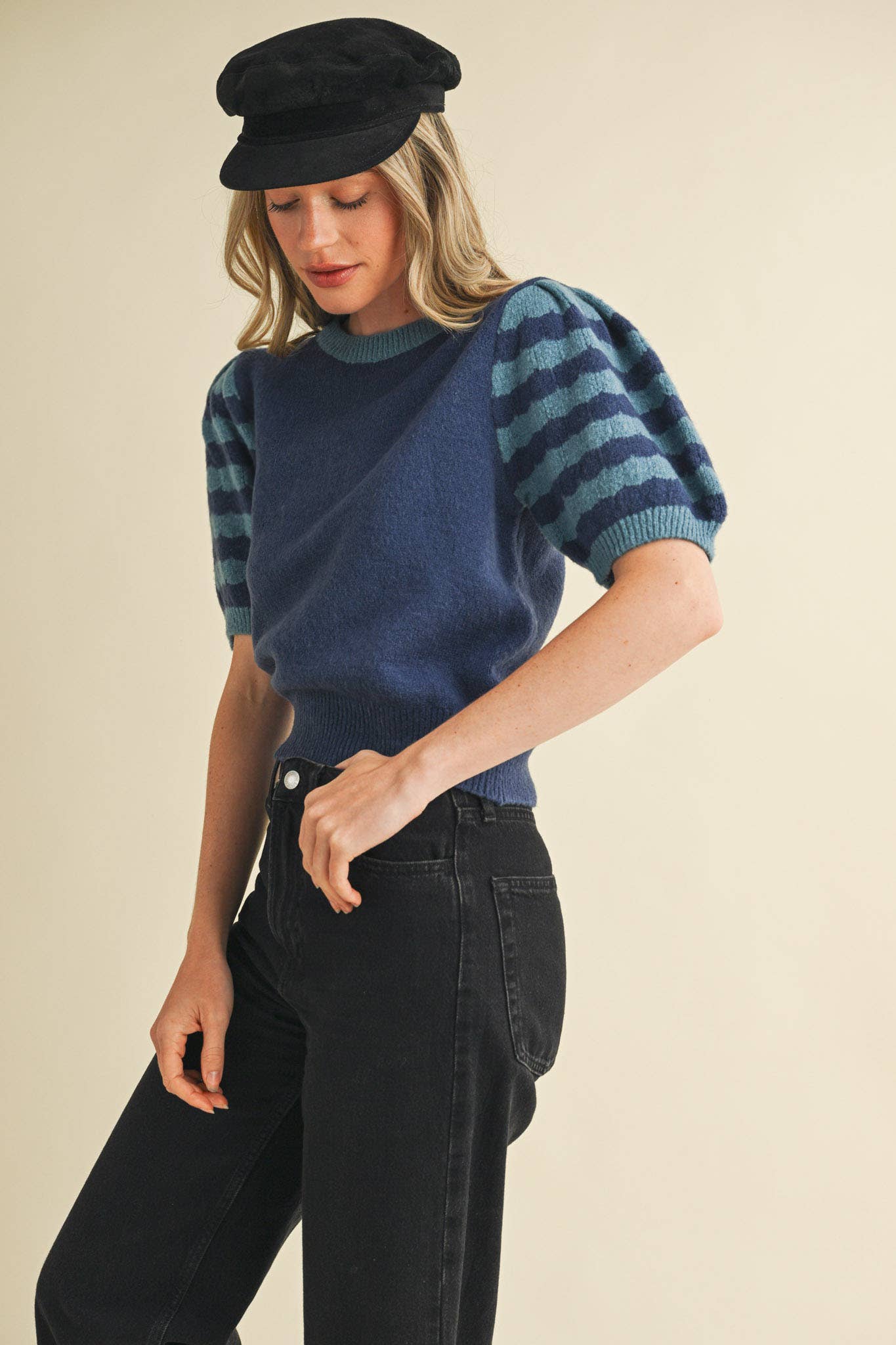 Soft Knit Striped Sweater with Puff Sleeves