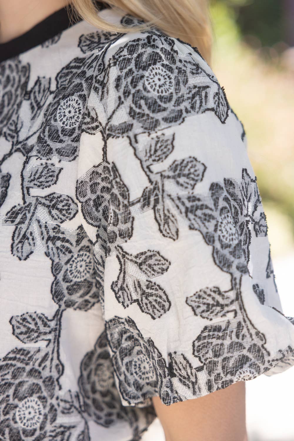 Floral Bubble Sleeve Top – Ribbed Round Neck Blouse