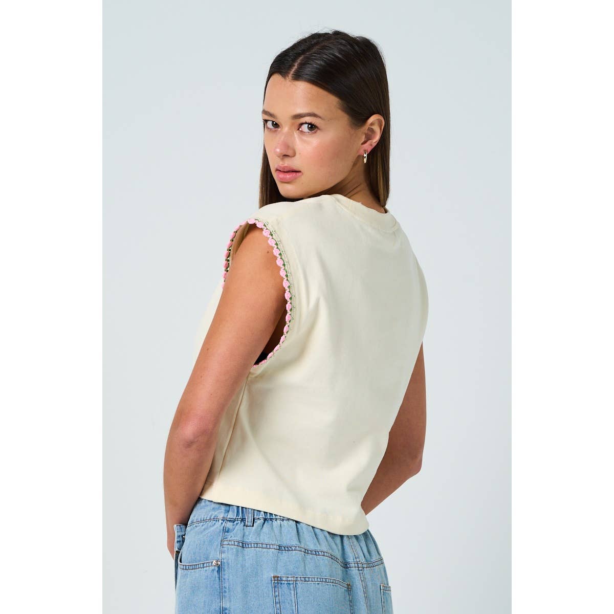 Cotton Drop Shoulder Top with Floral Sleeve Trim – Relaxed & Feminine Fit