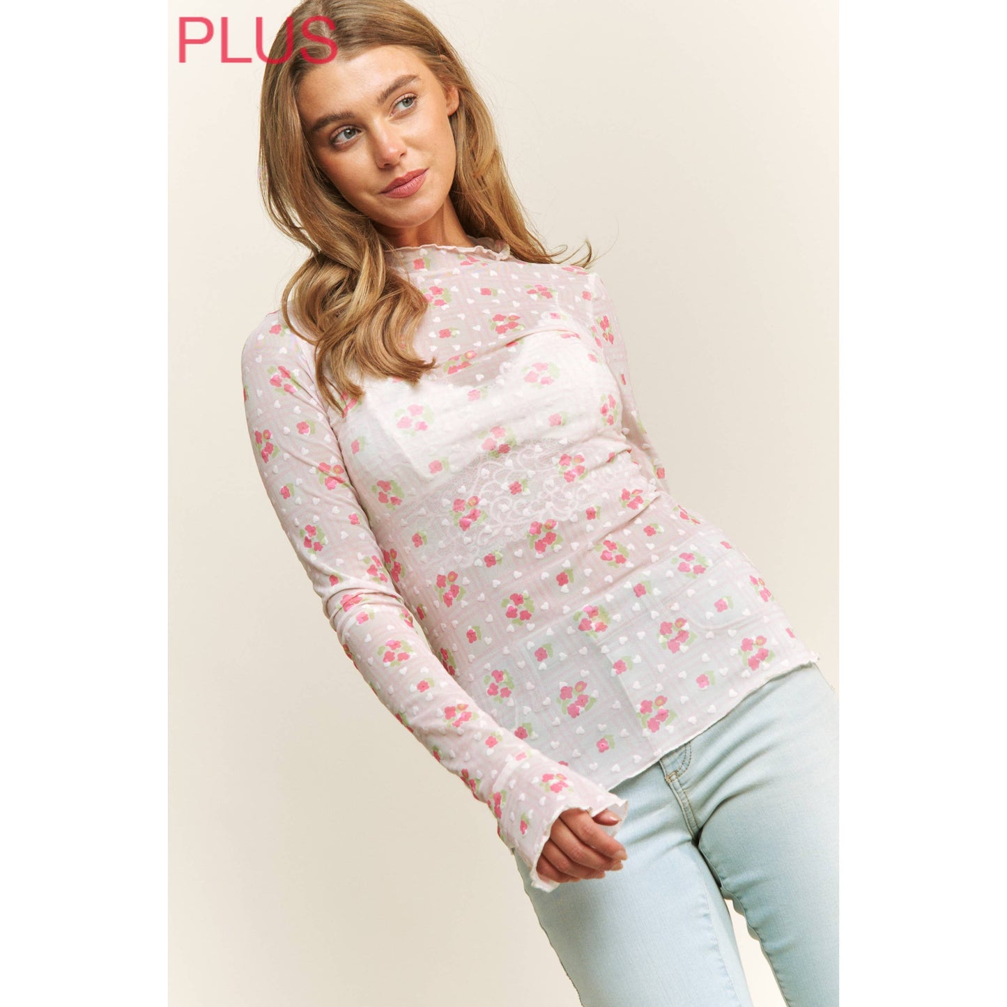 CUTE MESH HEART FLOCKING WITH FLORAL PRINT HIGH NECK DESIGN