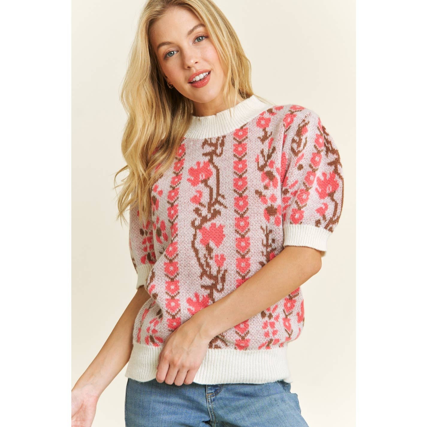 CUTE FLORAL JACQUARD CASUAL PULLOVER SWEATER