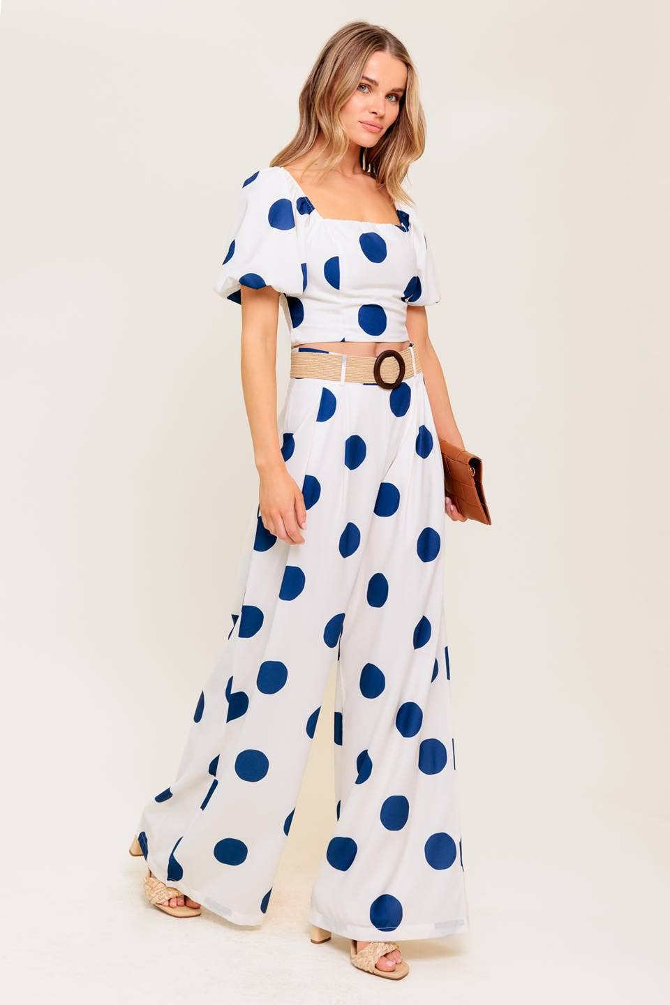 Blue Polka Dot Puff Sleeve Set – Square Neck Top & Streamlined Pants