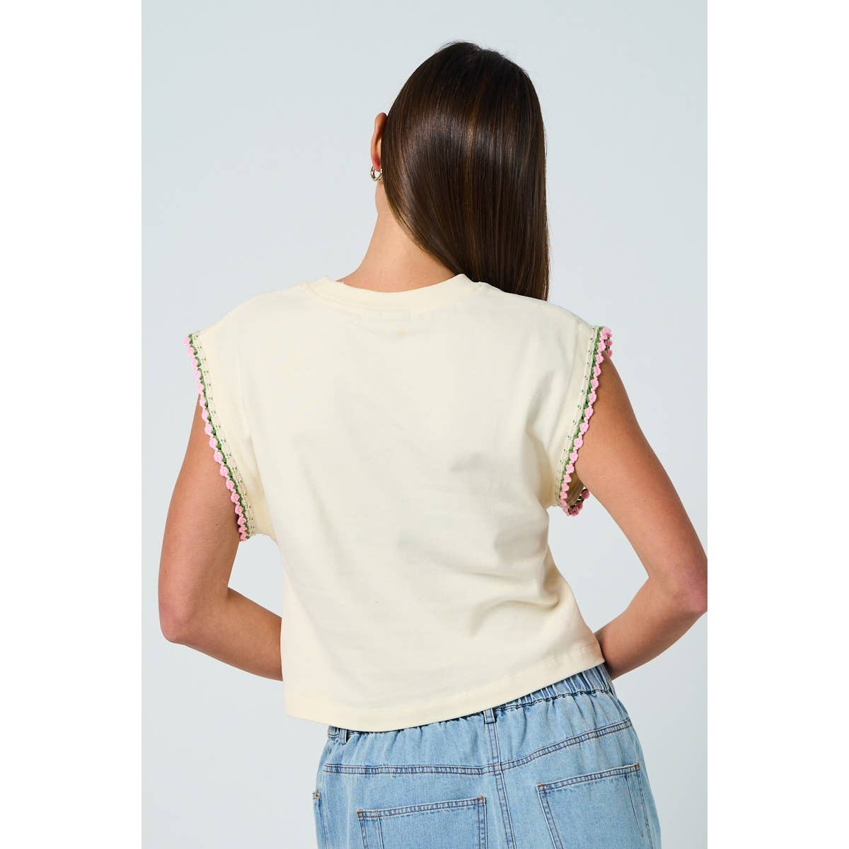 Cotton Drop Shoulder Top with Floral Sleeve Trim – Relaxed & Feminine Fit