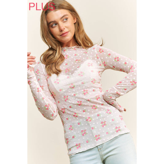 CUTE MESH HEART FLOCKING WITH FLORAL PRINT HIGH NECK DESIGN