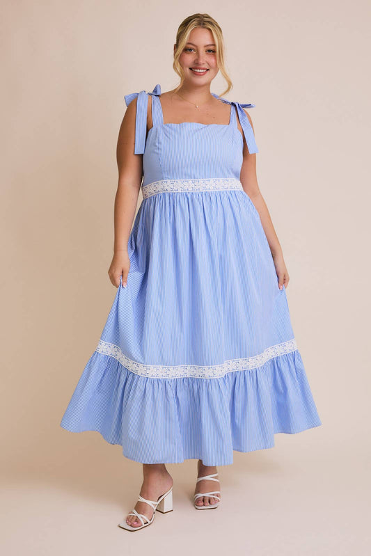 PLUS SQUARE NECK TIE STRAP LACE TIRM STRIPE DRESS