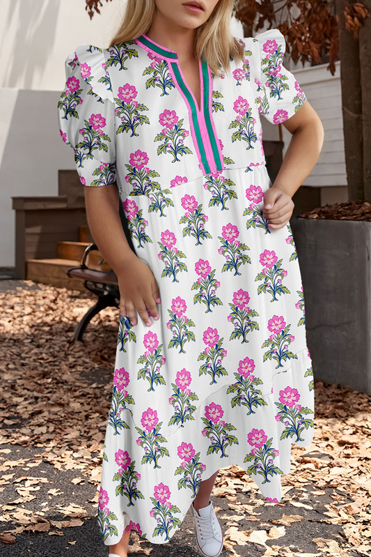 Allover Print Contrast Split Neck Puff Sleeve Curvy Dress