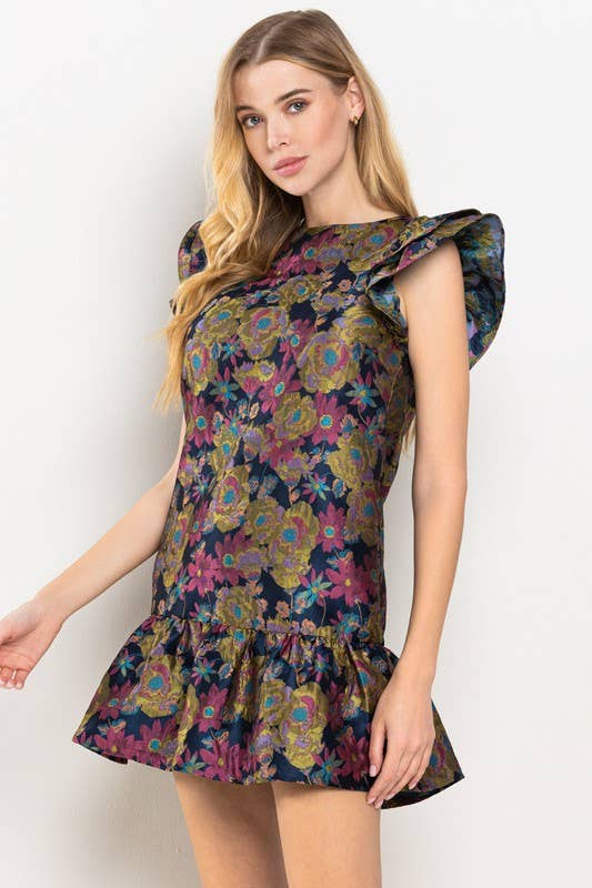 Floral Jacquard High Neck Dress