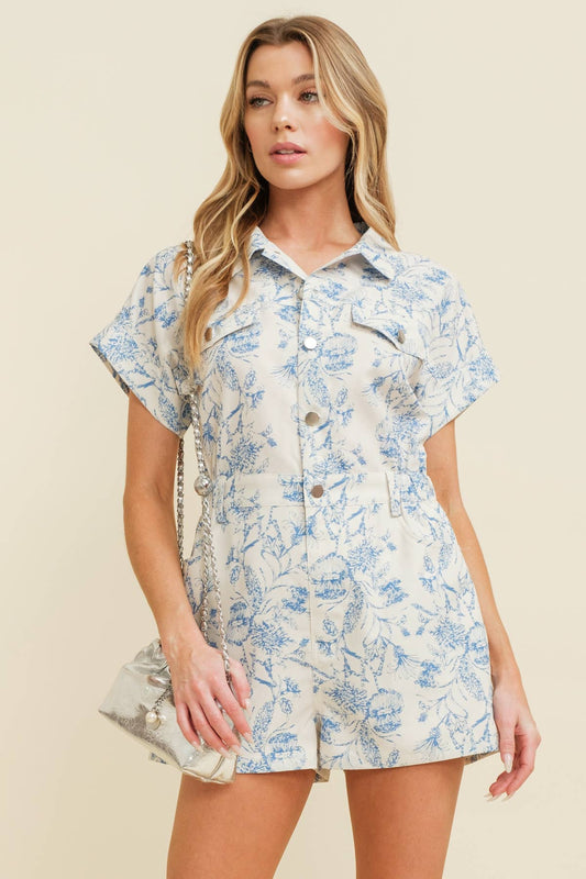 Elegant Floral Button-Up Romper with Collar