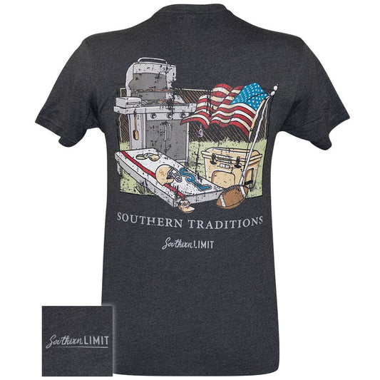 Dark gray t-shirt with a graphic of a barbecue pit and American flag, labeled 'Southern Traditions' by 'Southern Limit'.
