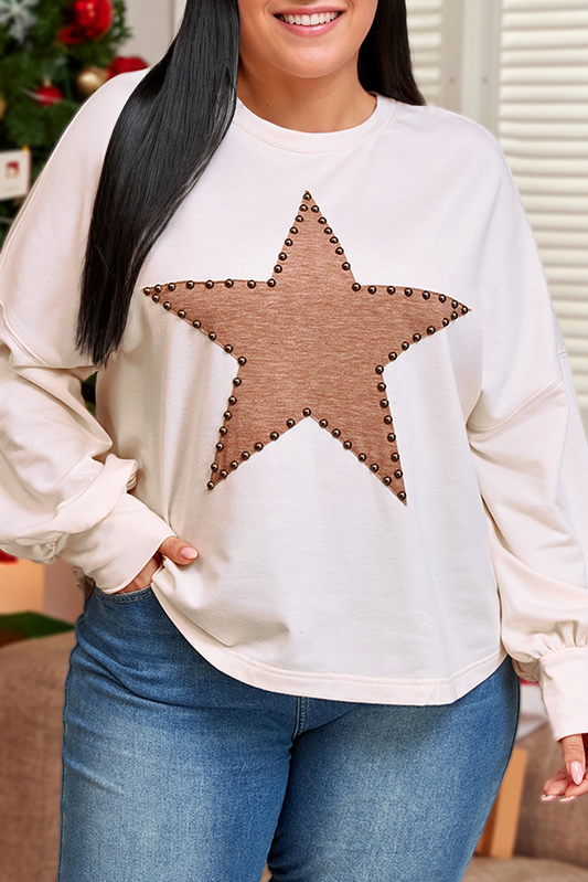 Plus Size Star Pattern Studded Crew Neck T-Shirt
