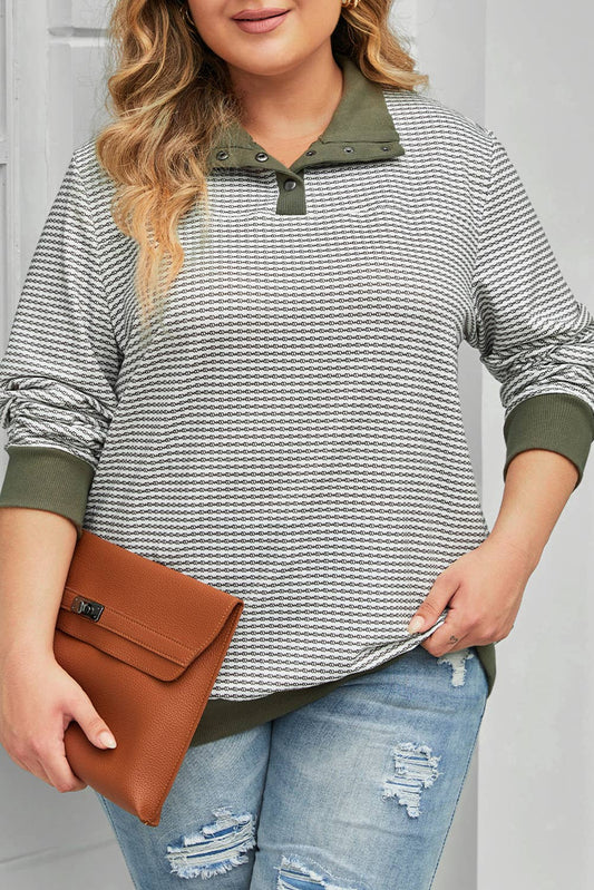 Green Striped Contrasting Trim Plus Size Henley Pullover