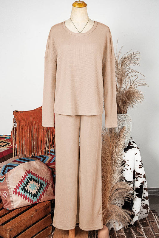 Fashion-W Textured Long Sleeve T Shirt and Pants Lounge Set