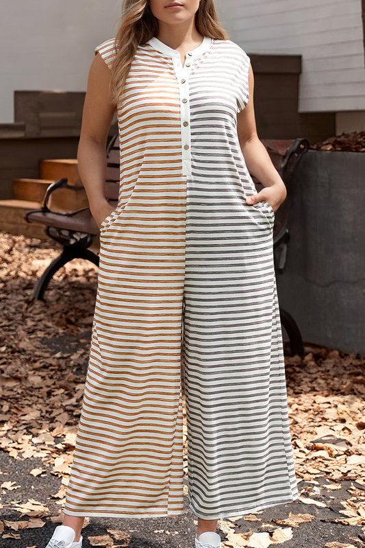 Plus Size Colorblock Buttoned Sleeveless Wide Leg Jumpsuit