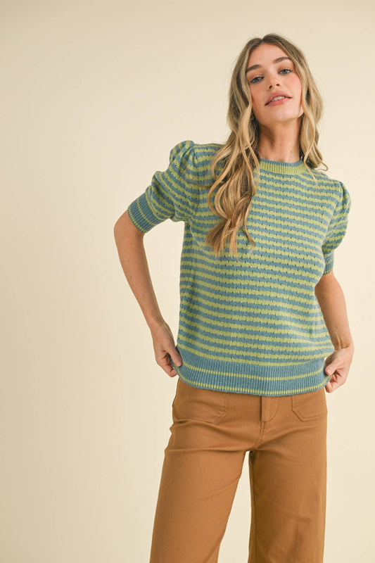 Striped Pointelle Knit Sweater with Puff Sleeves – Lightweight Crew Neck