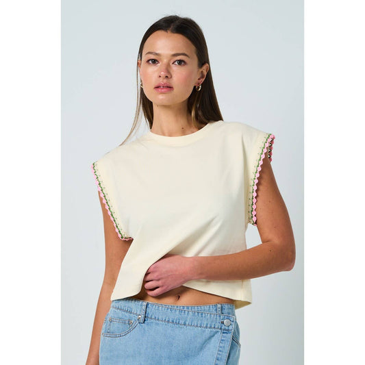 Cotton Drop Shoulder Top with Floral Sleeve Trim – Relaxed & Feminine Fit
