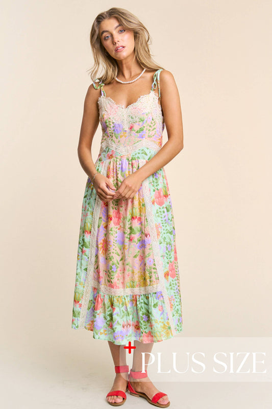 Plus Size Floral Lace Trim Tiered Midi Dress with Spaghetti Tie Straps