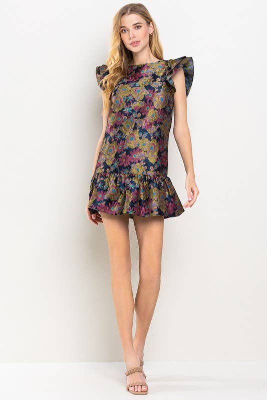 Floral Jacquard High Neck Dress