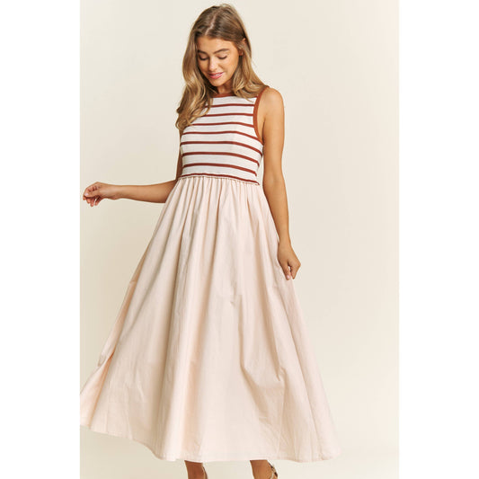Cotton Maxi Dress with Knit Stripe Top – Sleeveless Pullover