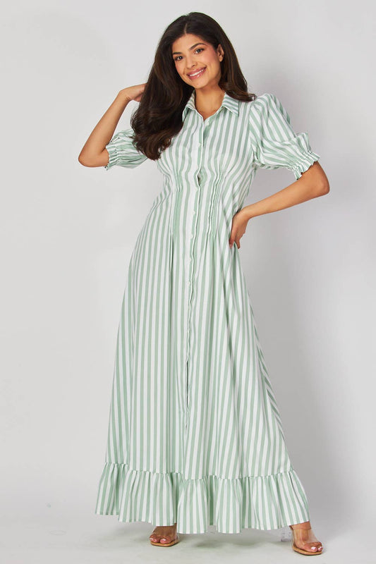Stripe Bubble Sleeve Button-Down Maxi Dress-GREEN