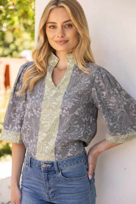 Color Block Floral Top – Wide Sleeve, High V-Neck
