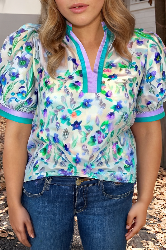 Floral Colorblock Puff Sleeve Split Neck Plus Size Blouse