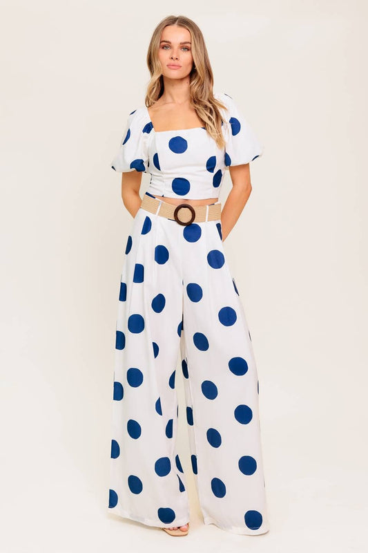 Blue Polka Dot Puff Sleeve Set – Square Neck Top & Streamlined Pants