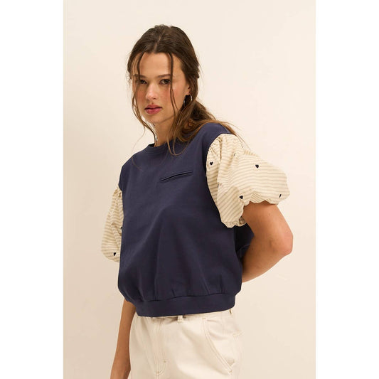 Striped Puff Sleeve Top with Heart Detail – Feminine Blouse