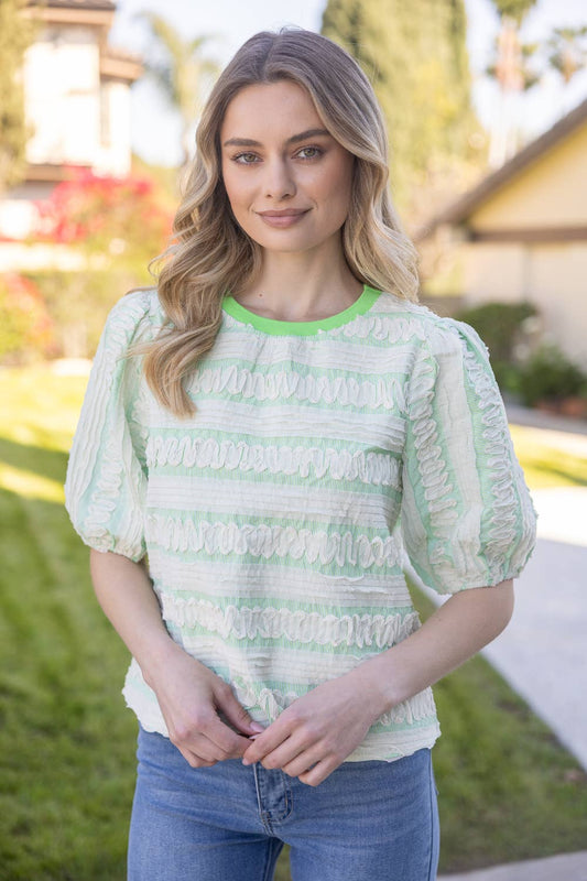Striped Puff Sleeve Top with Wavy Contrast Trim