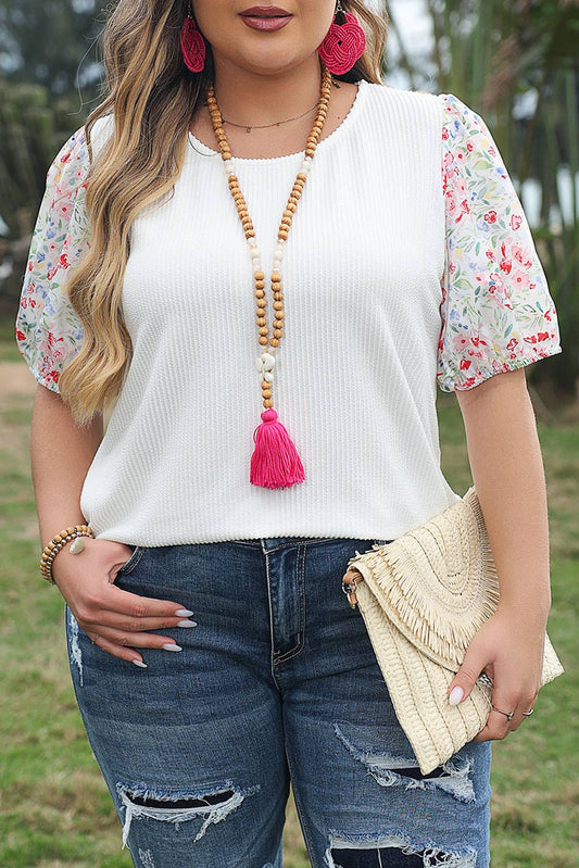 Floral Puff Sleeve Round Neck Ribbed Knit Plus Size Blouse: Plus Size / 3X / White